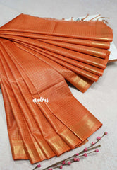 Carrot Orange - Sithara - Semi Tussar saree Golden zari Checks in body with Zari Border