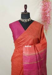 Brick Red - Sithara - Semi Tussar Saree with Jute Weaving Contrast Pallu and Blouse - Best for Small Functions | Casual Wear