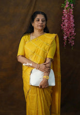 Varnika - Yellow - Soft Organza silk with stripes weaving with small zari border