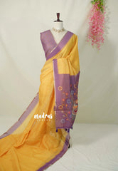Mustard Yellow - Linen Cotton Saree Checks Body with Kalamkari Prints - Best for Office Wear