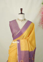 Mustard Yellow - Linen Cotton Saree Checks Body with Kalamkari Prints - Best for Office Wear