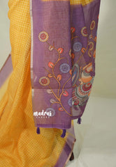 Mustard Yellow - Linen Cotton Saree Checks Body with Kalamkari Prints - Best for Office Wear