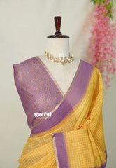 Mustard Yellow - Linen Cotton Saree Checks Body with Kalamkari Prints - Best for Office Wear