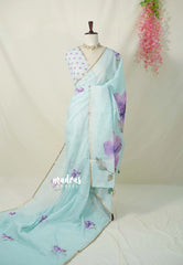 Pastel Turquoise blue - Linen Cotton Saree with Flower Prints - Best for Office Wear | Casual Wear