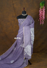 Muted Lavender - Linen Cotton Saree with Breezy Leaf Print with Tiny Border - Best for Office Wear | Summer wear | Corporate wear