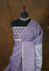 Muted Lavender - Linen Cotton Saree with Breezy Leaf Print with Tiny Border - Best for Office Wear | Summer wear | Corporate wear