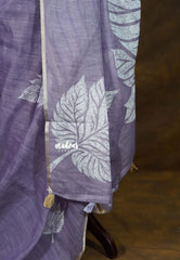 (PRE-BOOKING) Muted Lavender - Linen Cotton Saree with Breezy Leaf Print with Tiny Border - Best for Office Wear | Summer wear | Corporate wear