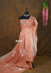 Muted Peach - Linen Cotton Saree with Breezy Leaf Print with Tiny Border - Best for Office Wear | Summer wear | Corporate wear