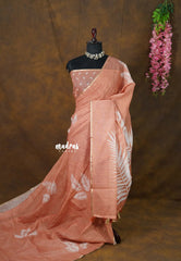 Muted Peach - Linen Cotton Saree with Breezy Leaf Print with Tiny Border - Best for Office Wear | Summer wear | Corporate wear