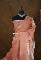 Muted Peach - Linen Cotton Saree with Breezy Leaf Print with Tiny Border - Best for Office Wear | Summer wear | Corporate wear