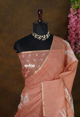 Muted Peach - Linen Cotton Saree with Breezy Leaf Print with Tiny Border - Best for Office Wear | Summer wear | Corporate wear