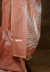 Muted Peach - Linen Cotton Saree with Breezy Leaf Print with Tiny Border - Best for Office Wear | Summer wear | Corporate wear