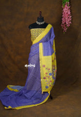 Violet Blue - Linen Cotton Saree Checks Body with Small Border - Best for Office Wear