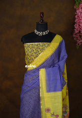 Violet Blue - Linen Cotton Saree Checks Body with Small Border - Best for Office Wear
