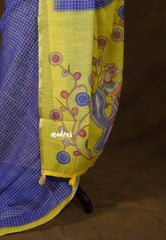 Violet Blue - Linen Cotton Saree Checks Body with Small Border - Best for Office Wear