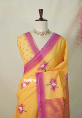 Pastel Yellow with Lace - Soft linen cotton saree with Lotus Prints with Lace Border - Perfect Office Wear | Casual Wear