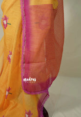 Pastel Yellow with Lace - Soft linen cotton saree with Lotus Prints with Lace Border - Perfect Office Wear | Casual Wear