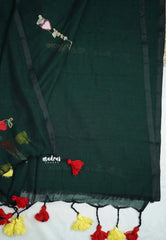 Deep Green - Soft Mul cotton I love Kolkata Embroidery saree - Best for Regular Wear