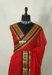 Tomato Red - Soft Mul cotton Plain Body with Mango Border - Perfect for Small Functions | summer wear | Casual wear