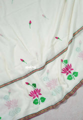 Ivory White - Soft Mul Cotton Saree with Divine Lotus Embroidery work - Perfect for Office Wear | summer wear | Casual wear