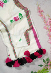 Ivory White - Soft Mul Cotton Saree with Divine Lotus Embroidery work - Perfect for Office Wear | summer wear | Casual wear