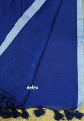 Ink Blue - Soft Mul Cotton Saree appliqué elephant motif 1