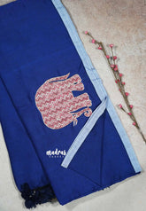 Ink Blue - Soft Mul Cotton Saree appliqué elephant motif 1