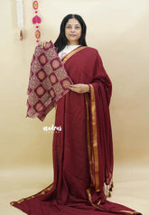 Majestic Maroon - Handspun soft Mul Cotton with Gold Zari Border and Ajrakh blouse combo - Best for Daily Wear