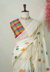 Ivory White - Soft Mul Cotton Saree Polka Dots with Madras Checks Blouse - Best for Summer | Casual Wear