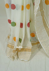 Ivory White - Soft Mul Cotton Saree Polka Dots with Madras Checks Blouse - Best for Summer | Casual Wear