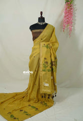 Pastel Mustard - Soft Muslin Silk Borderless with Pichwai Cow Thread Weaving - Perfect for Office Wear | Summer Wear