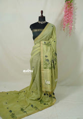 Pastel Lime Green - Soft Muslin Silk Borderless with Pichwai Cow Thread Weaving - Perfect for Office Wear | Summer Wear