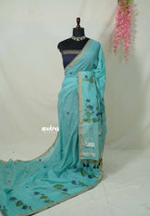 Turquoise Blue - Soft Muslin Silk Borderless with Pichwai Cow Thread Weaving - Perfect for Office Wear | Summer Wear