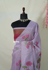 Lilac Lavender - Soft Muslin Silk Borderless with Divine Lotus Pallu Thread Weaving - Perfect for Office Wear | Summer Wear