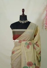 Sandal Beige - Soft Muslin Silk Borderless with Divine Lotus Pallu Thread Weaving - Perfect for Office Wear | Summer Wear