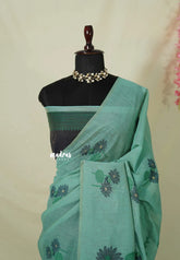 Muted Aqua Green - Soft Muslin Silk Borderless with Divine Lotus Pallu Thread Weaving - Perfect for Office Wear | Summer Wear