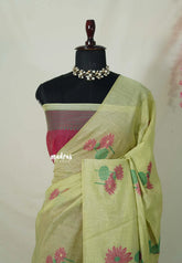 Pastel Lime Green - Soft Muslin Silk Borderless with Divine Lotus Pallu Thread Weaving - Perfect for Office Wear | Summer Wear