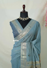 Greyish Blue - Soft Muslin Silk with Paithani Border Rich Thread Weaving Floral Pallu - Perfect for Office Wear | Summer Wear