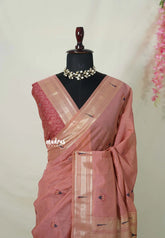Coral Peach - Soft Muslin Silk with Paithani Border Rich Thread Weaving Floral Pallu - Perfect for Office Wear | Summer Wear