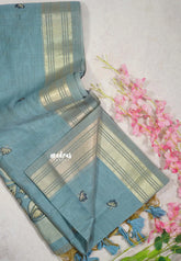 Greyish Blue - Soft Muslin Silk with Floral Weaving Pallu and Zari Border - Perfect for Office Wear | Summer Wear