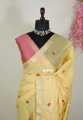 Pastel Yellow - Soft Muslin Silk Saree with Floral Weaving & Small Border - Best for Office Wear | Casual Wea