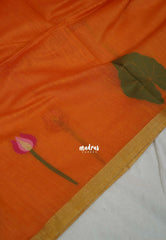 Saffron Orange - Soft Muslin Silk with Floral Weaving with Small Border - Perfect for Office Wear