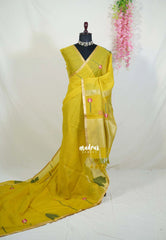 Greenish Yellow - Soft Muslin Silk with Floral Weaving with Small Border - Perfect for Office Wear