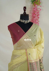 Creamy Yellow - Soft Muslin Silk Saree Heavy Weaving Pallu and Mirror Work with Lace - Best for Office Wear | Casual Wear