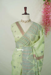 Pastel Pista Green - Muslin Silk with Kantha Stich Weaving Pallu and Border with Buttas - Perfect for Office Wear
