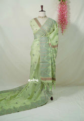 Pastel Pista Green - Muslin Silk with Kantha Stich Weaving Pallu and Border with Buttas - Perfect for Office Wear