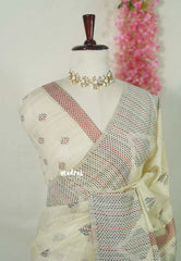 Ivory Cream - Muslin Silk with Kantha Stich Weaving Pallu and Border with Buttas - Perfect for Office Wear