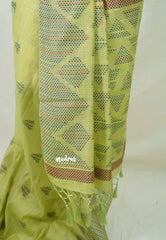 Pastel Lime Green - Muslin Silk with Kantha Stich Weaving Pallu and Border with Buttas - Perfect for Office Wear