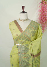 Pastel Lime Green - Muslin Silk with Kantha Stich Weaving Pallu and Border with Buttas - Perfect for Office Wear