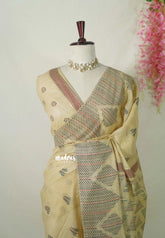 Pastel Sandal Beige - Muslin Silk with Kantha Stich Weaving Pallu and Border with Buttas - Perfect for Office Wear